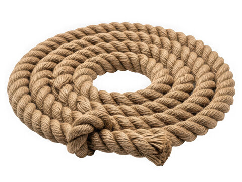 A thick brown hemp rope coiled in a circle isolated on a transparent background