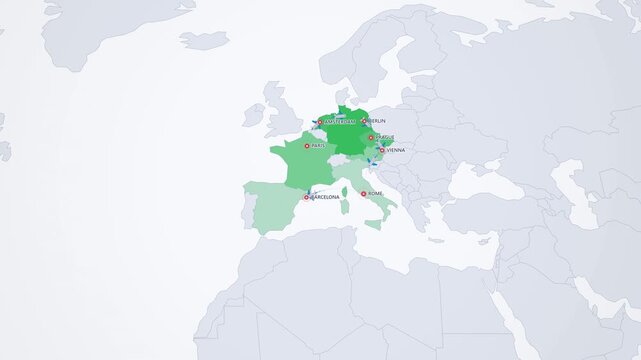 Airplane Travel Route Across Europe on Light World Map, Paris Berlin Rome Animated Motion Graphics Seamless Loop, 4K