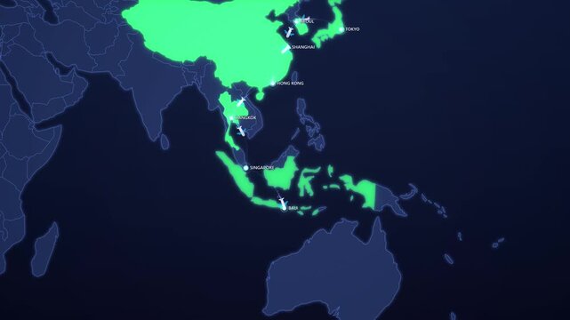 Airplane Flight Routes Across Asia on Neon World Map, Tokyo Bangkok Bali Animated Travel Motion Graphics Seamless Loop, 4K