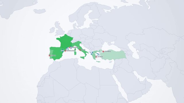 Mediterranean Flight Route on Light Map, Lisbon Barcelona Rome Athens Istanbul Animated Travel Motion Graphics Seamless Loop, 4K