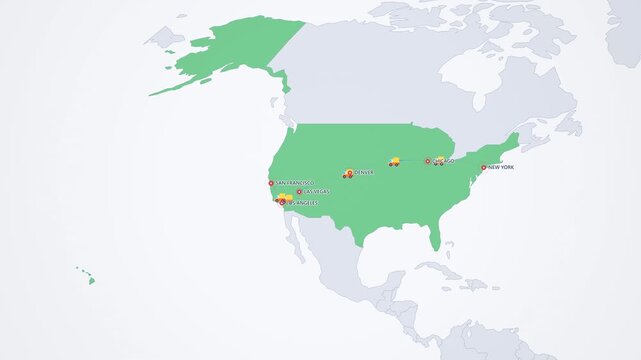 USA Road Trip Route on Light Map, New York Chicago Las Vegas Los Angeles Animated Travel Motion Graphics Seamless Loop, 4K