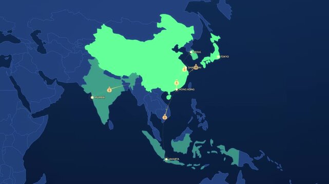 Asia Investment Flows on Corporate Map, Hong Kong Shanghai Tokyo Mumbai Animated Finance Motion Graphics Seamless Loop, 4K