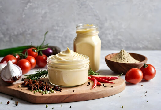 Creamy mayonnaise in a glass jar with fresh vegetables and spices on a wooden board, food preparation