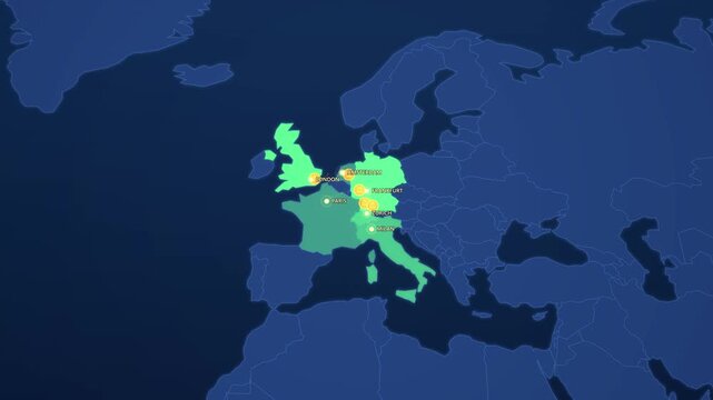 European Banking Network on Corporate Map, Frankfurt London Zurich Paris Animated Finance Motion Graphics Seamless Loop, 4K