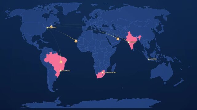 Emerging Markets Investment Map, Brazil India Indonesia South Africa Animated Finance Motion 
Graphics Seamless Loop, 4K
