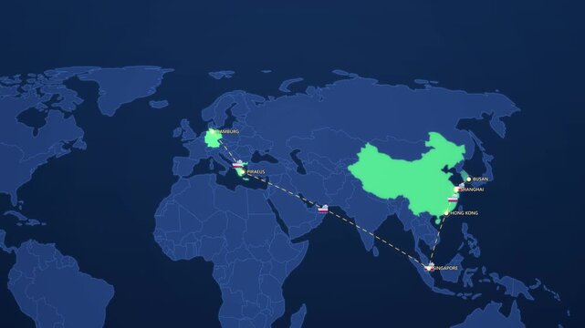 Container Shipping Route Asia to Europe, Busan Shanghai Singapore Hamburg Animated Logistics Motion Graphics Seamless Loop, 4K