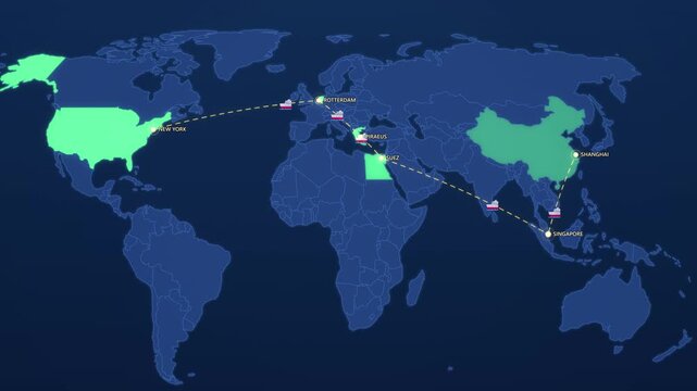 Global Shipping Routes on Corporate Map, Shanghai Singapore Suez Rotterdam Animated Logistics Motion Graphics Seamless Loop, 4K