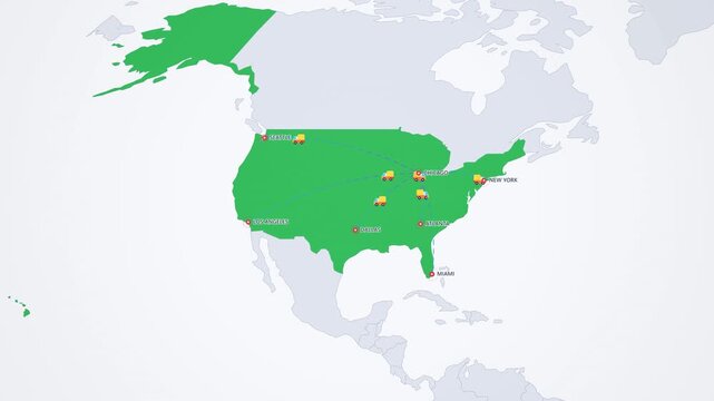 USA Trucking Distribution Network on Light Map, Chicago Dallas Los Angeles Atlanta Animated Logistics Motion Graphics Seamless Loop, 4K