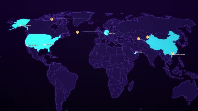 Air Cargo Network on Cyber Map, Hong Kong Anchorage Frankfurt Dubai Animated Logistics Motion Graphics Seamless Loop, 4K