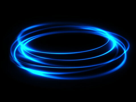 Glowing blue light ring effect on black background. Neon cyan oval portal motion blur element, dynamic motion effect in an isolated view.