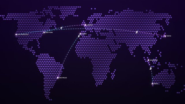 Submarine Cable Network on Cyber Map, Transatlantic Transpacific Internet Lines Animated Technology Motion Graphics Seamless Loop, 4K