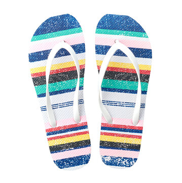 A pair of bright striped beach flip-flops with white straps on an isolated background.