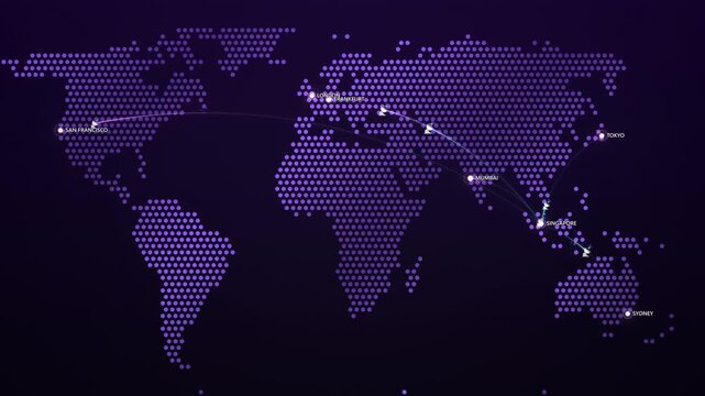 Global Data Network on Cyber Dots Map, Singapore San Francisco London Tokyo Animated Technology Motion Graphics Seamless Loop, 4K
