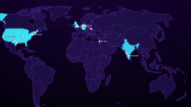 Startup Ecosystem World Tour on Cyber Map, San Francisco London Berlin Tel Aviv Bangalore Animated Business Motion Graphics Seamless Loop, 4K
