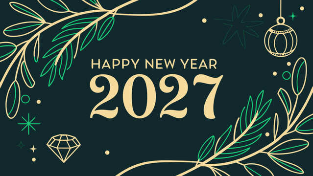 Elegant Happy New Year 2027 Banner with Gold Foliage
