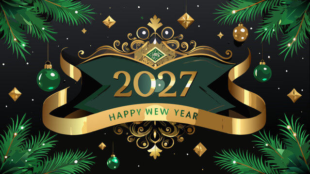 Elegant Happy New Year 2027 Celebration Banner with Golden Ribbon