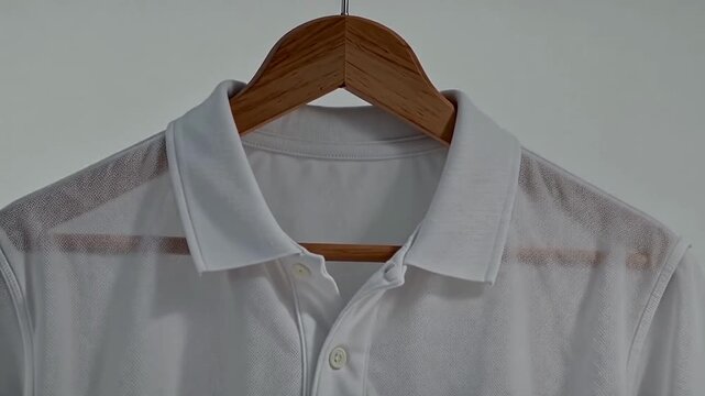 White polo shirt displayed on a wooden hanger with a smooth gray background, showcasing the collar and button details in a well-lit setting