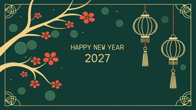 Lunar New Year 2027 Greeting Card with Lanterns and Flowers
