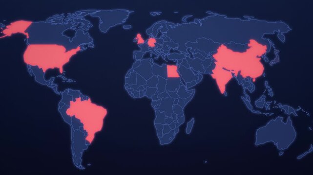 Breaking News Spread on Neon World Map, Countries Highlight Animated News Background Motion Graphics Seamless Loop, 4K