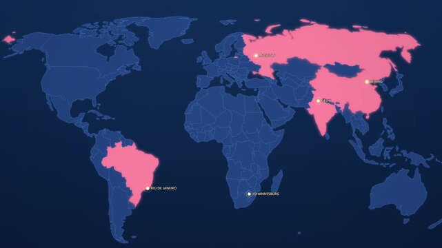 BRICS Countries Highlighted on Corporate Map, Brazil Russia India China South Africa Animated Economy Motion Graphics Seamless Loop, 4K