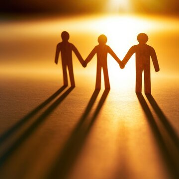Three paper cutout figures holding hands casting long shadows in a warm golden light symbolizing unity friendship and connection at sunset