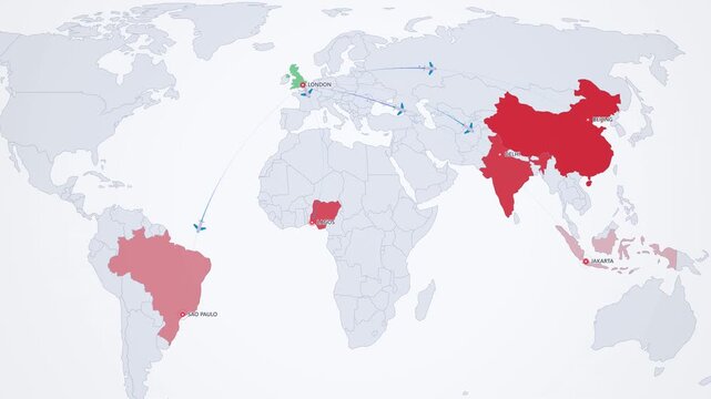 International Student Flows to London on Light Map, India China Nigeria Brazil Animated Education Motion Graphics Seamless Loop, 4K