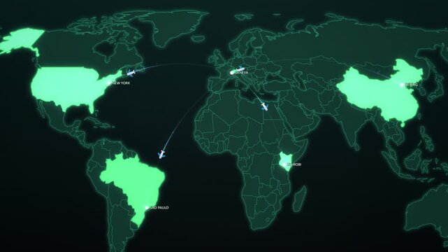 Climate Summit Delegations Route on Green Map, Geneva New York Nairobi Beijing Animated Environment Motion Graphics Seamless Loop, 4K
