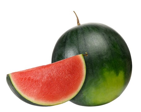 Ripe dark watermelon with a cut and a juicy red slice cut out.