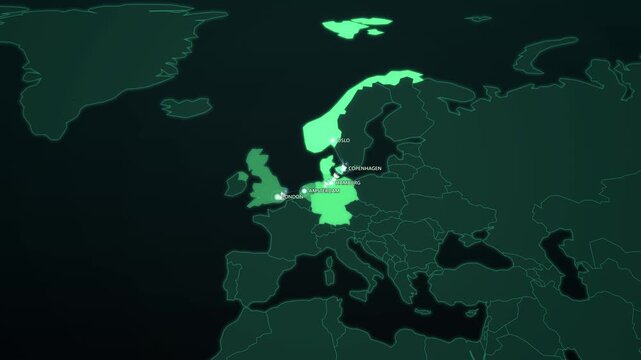 Green Energy Grid North Sea on Aurora Map, Oslo Copenhagen Hamburg Amsterdam Animated Sustainability Motion Graphics Seamless Loop, 4K
