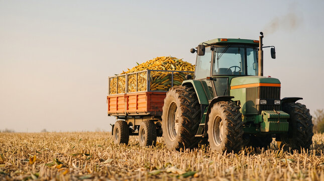 Tractor pulling a trailer full of corn in a harvested field  