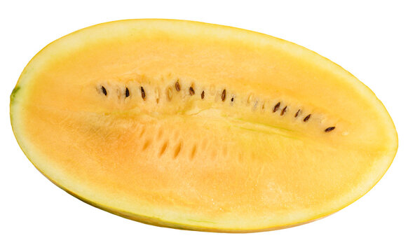 A half of a juicy yellow watermelon with seeds close-up isolated background.