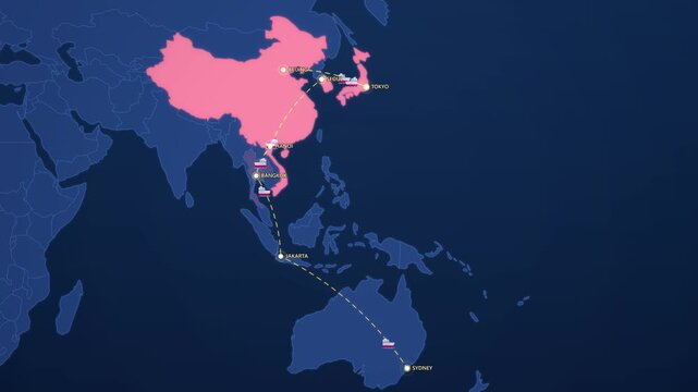Asia Pacific Trade Agreement on Corporate Map, China Japan Korea Australia Animated Economy Motion Graphics Seamless Loop, 4K