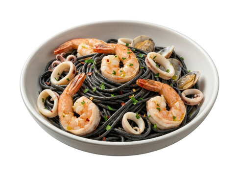 Delicious seafood pasta png Black seafood pasta cutout Squid ink pasta png Gourmet shrimp pasta cutout Tasty seafood pasta png Fresh isolated transparent background image