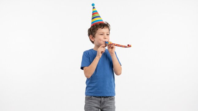 Young boy in party hat blowing a noisemaker on white background