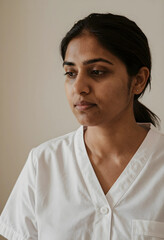 Fototapeta premium Young indian woman in white medical uniform looking down with a thoughtful and serious expression, healthcare and wellness