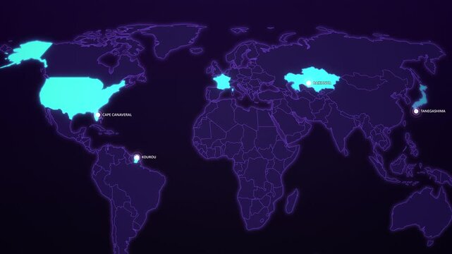 Space Launch Sites on Cyber Map, Cape Canaveral Baikonur Kourou Animated Space Motion Graphics Seamless Loop, 4K