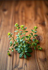 Obraz premium Fresh green herb sprigs with small leaves on a rustic wooden table, natural cooking and healthy eating