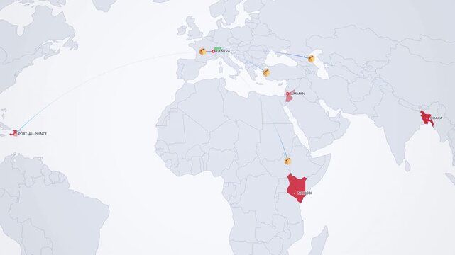 Humanitarian Aid Routes on Light Map, Geneva Nairobi Dhaka Amman Animated Charity Motion Graphics Seamless Loop, 4K
