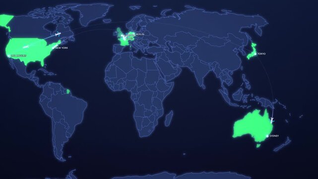 World Concert Tour Route on Neon Map, London Paris New York Tokyo Sydney Animated Music Motion Graphics Seamless Loop, 4K