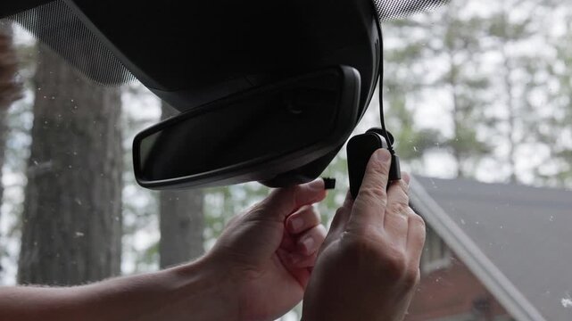 Close-up of a person removing a memory card from a dash camera mounted near the rear-view mirror. Horizontal slow-motion.
