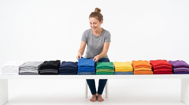 Woman folding clothes in rainbow color order on a white table