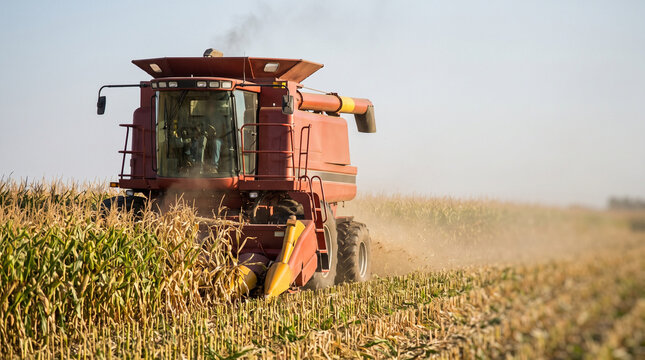 Combine harvester working in cornfield during harvest season  