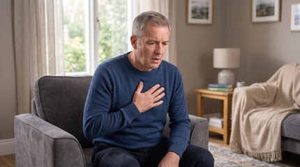Fototapeta premium Man with chest pain sitting on sofa at home