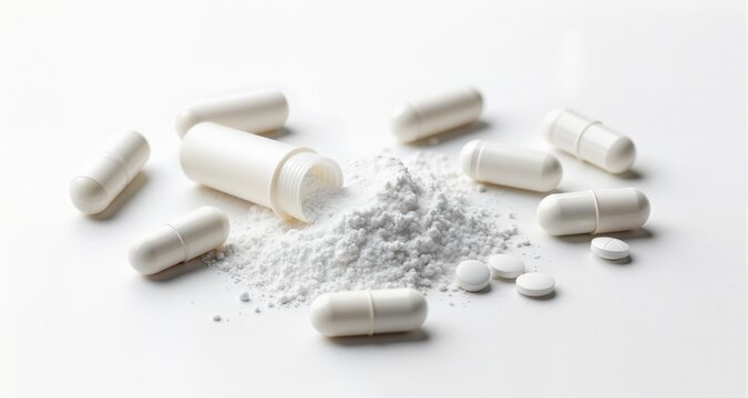 White capsules scattered on clean background with powder spilling from broken pill. Medical supplements and pharmaceutical products for health.

