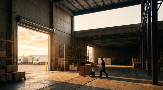Warehouse worker pushing a pallet jack with boxes at sunset