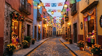 Fototapeta premium Day of the Dead street decorations in a colorful Mexican town