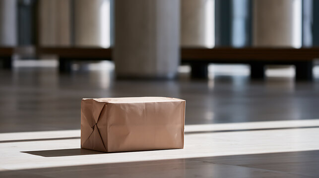 Minimalist composition of a brown paper wrapped package illuminated by sunlight on a polished floor in a modern interior setting