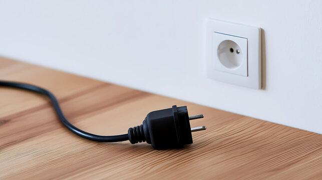 Black electrical plug and cable lie on a wooden surface near a white wall outlet, ready to connect or disconnect from power source