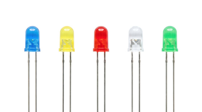 Five colored light emitting diodes arranged in a row on a transparent background showcasing various hues led light-emitting diode semiconductor electronics lighting