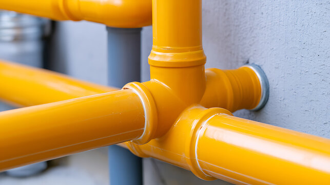 Bright orange pipes form an intricate connection against a textured wall, highlighting modern industrial design and infrastructure elements with clean lines